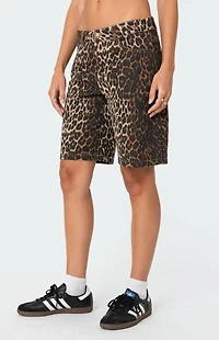 Edikted Leopard Low Rise Denim Bermuda Shorts