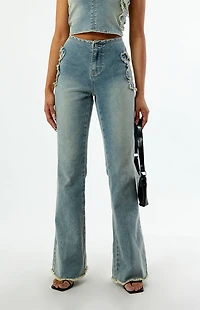 Playboy By PacSun Stretch Frayed High Waisted Flare Jeans