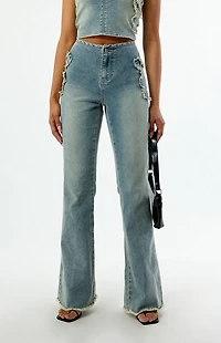 Playboy By PacSun Stretch Frayed High Waisted Flare Jeans