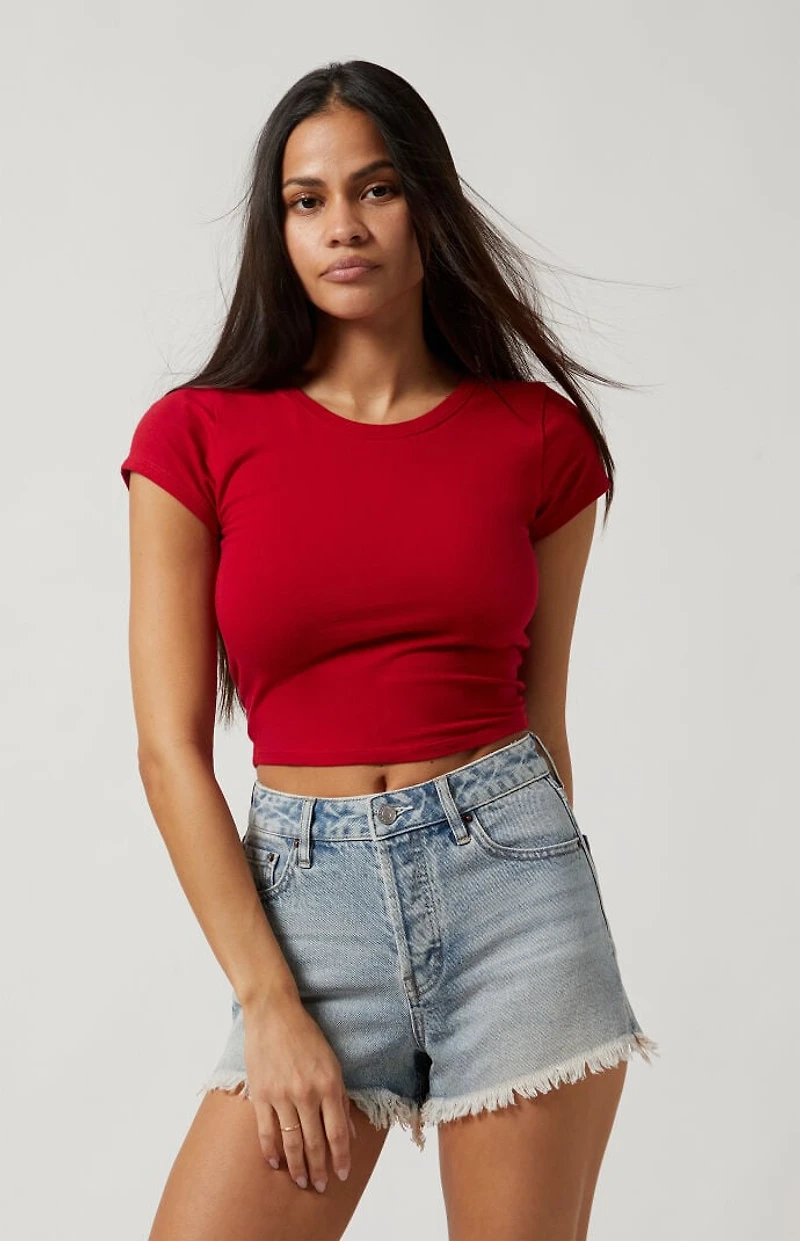 Pacsun Light Indigo Frayed Button Fly High Waisted Denim Festival Shorts