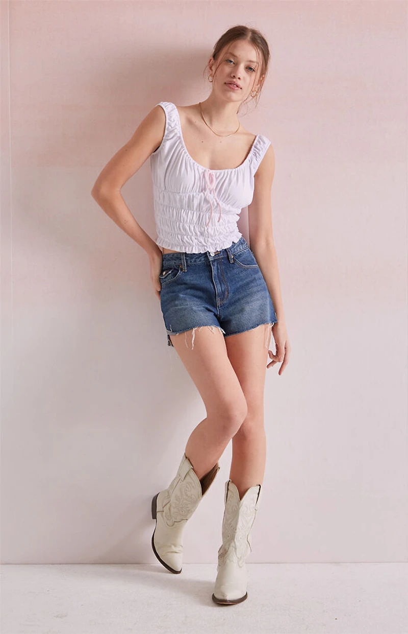 Beverly and Beck Bow Tie V-Neck Ruched Tank Top