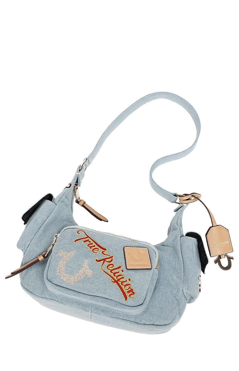True Religion Multi Patch Denim Hobo Shoulder Bag