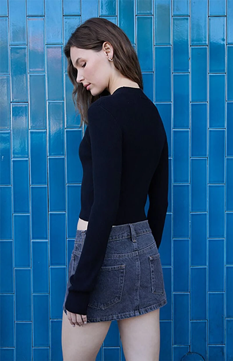 John Galt Black Ribbed Mock Neck Long Sleeve Top