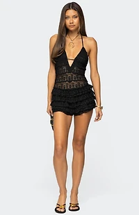 Edikted Lanney Ruffled Sheer Lace Romper