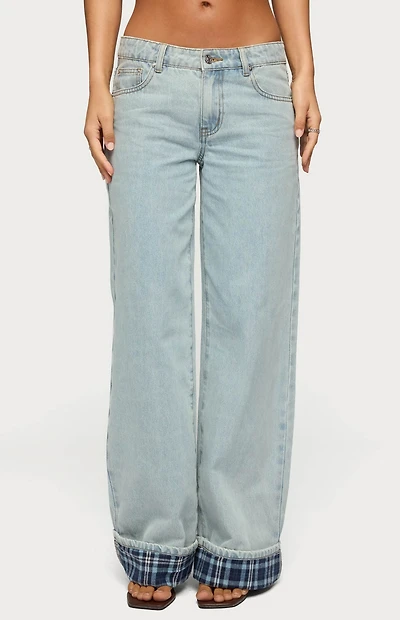 Edikted Plaid Cuffed Low Rise Baggy Jeans