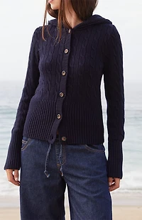 John Galt Cable Knit Button Down Hooded Sweater