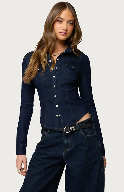 Edikted Shylo Stretchy Denim Button Up Shirt
