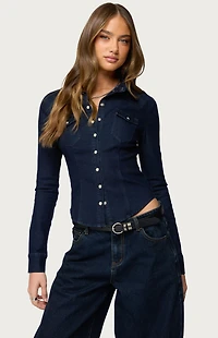 Edikted Shylo Stretchy Denim Button Up Shirt