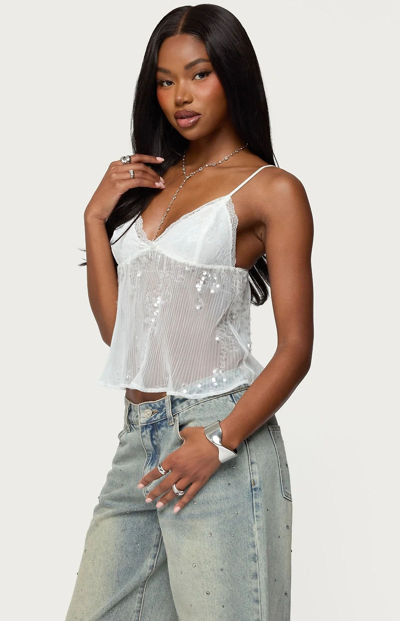 Edikted Sequin Sheer Mesh Babydoll Top