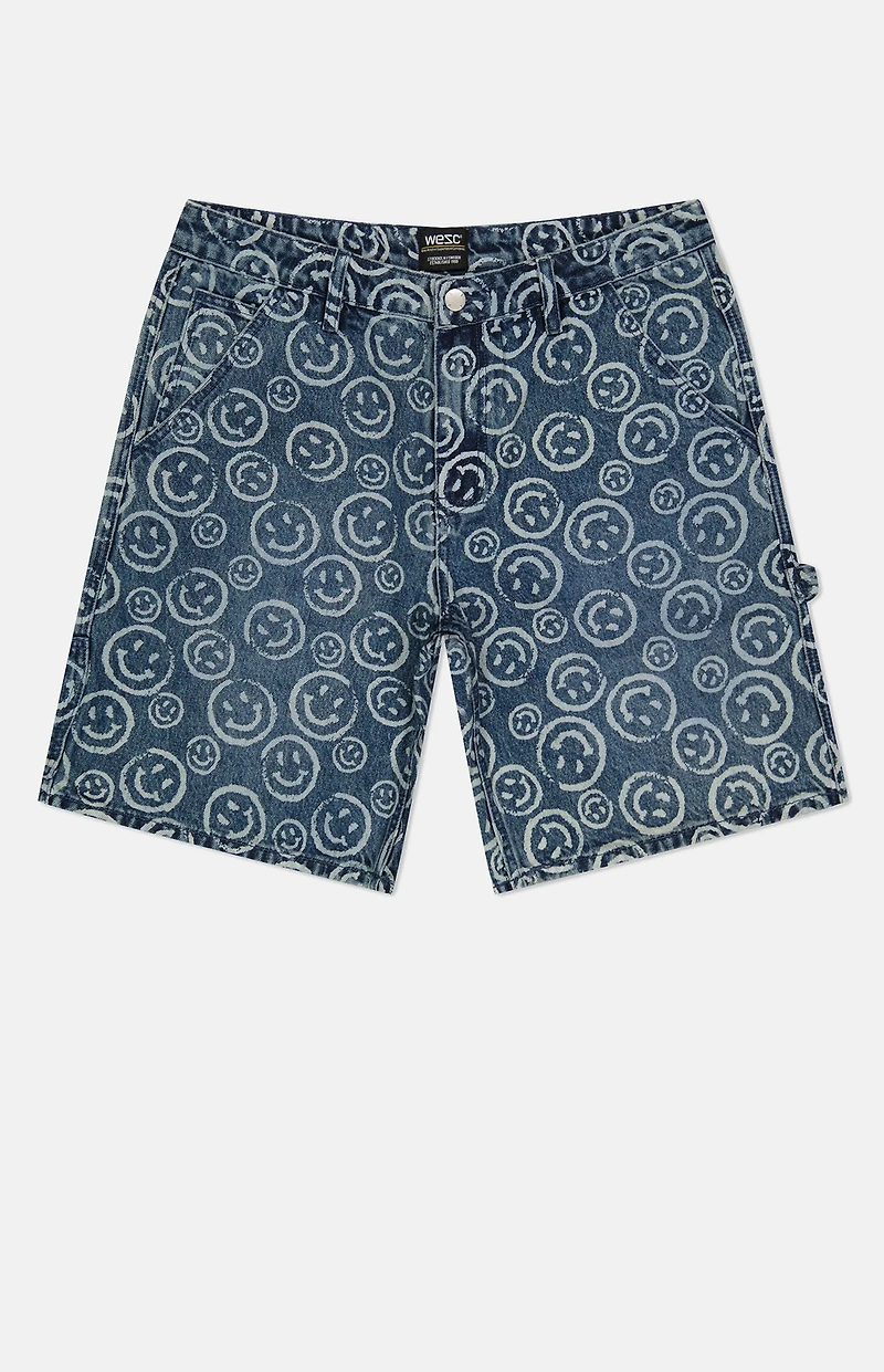 WeSC Smiley AOP Denim Carpenter Baggy Shorts
