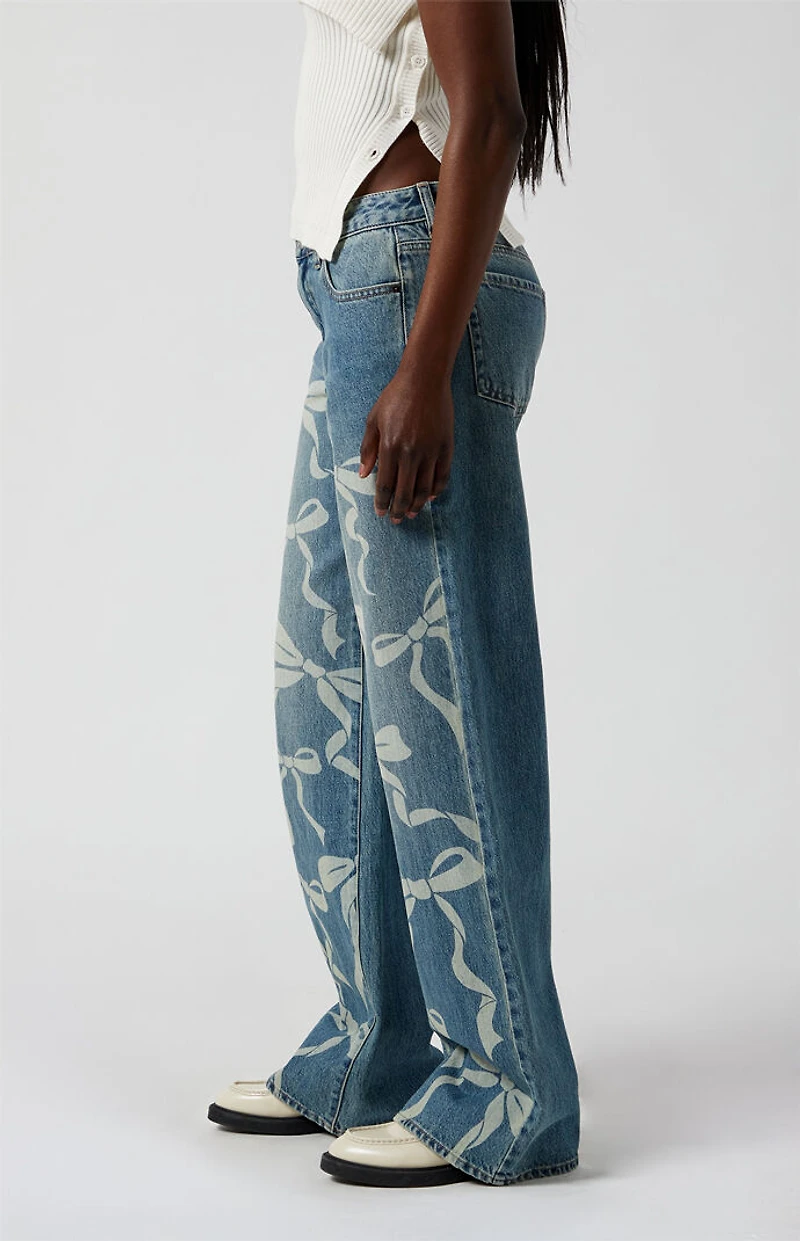 Pacsun Casey Low Rise Baggy Jeans Bow Graphic Medium Indigo