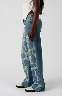 Pacsun Casey Low Rise Baggy Jeans Bow Graphic Medium Indigo