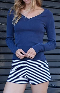 John Galt Navy V-Neck Long Sleeve Top