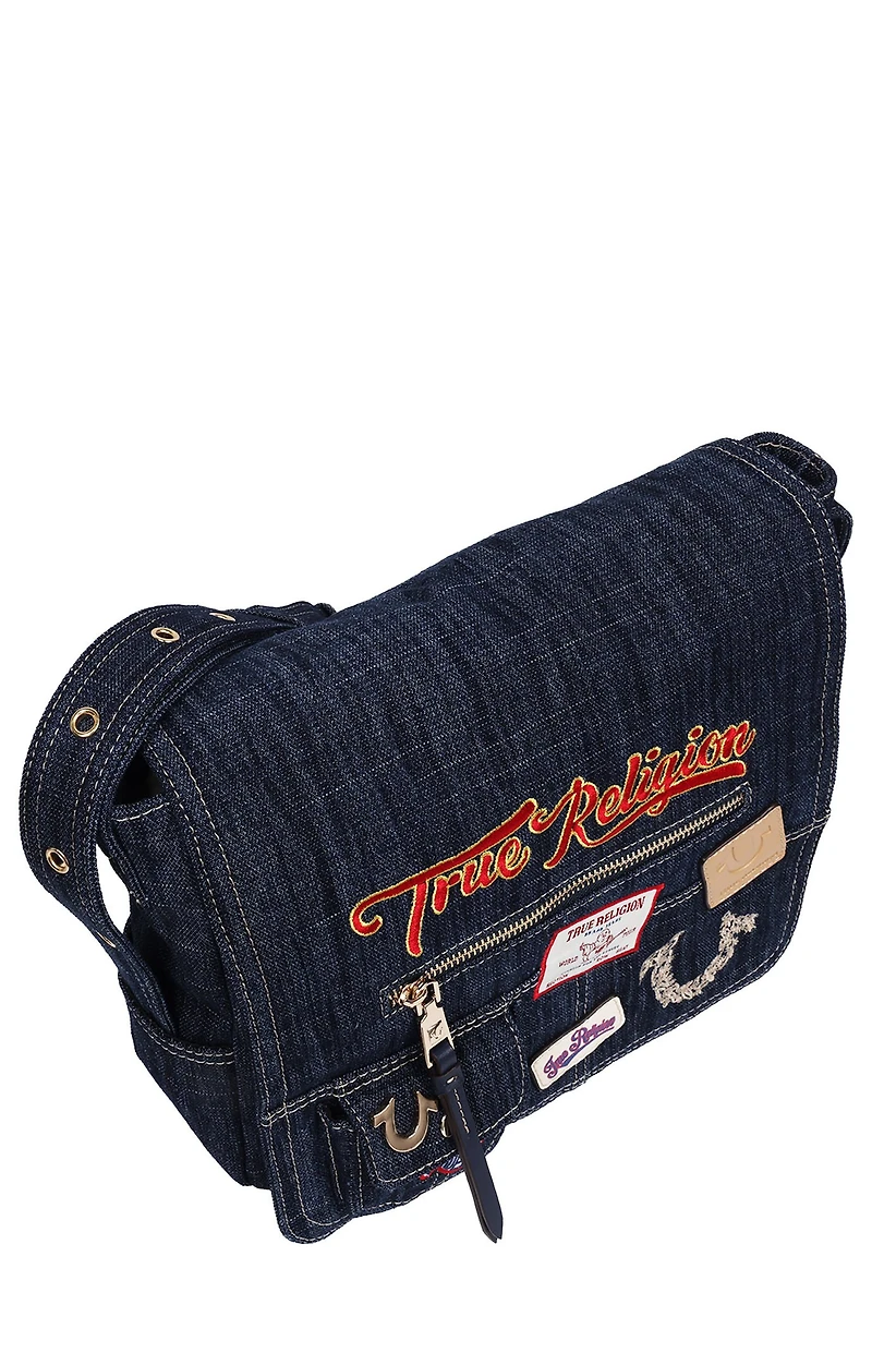 True Religion Dark Denim Multi Patch Messenger Bag