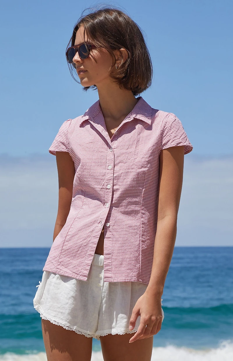 John Galt Red Gingham Rue Collared Top