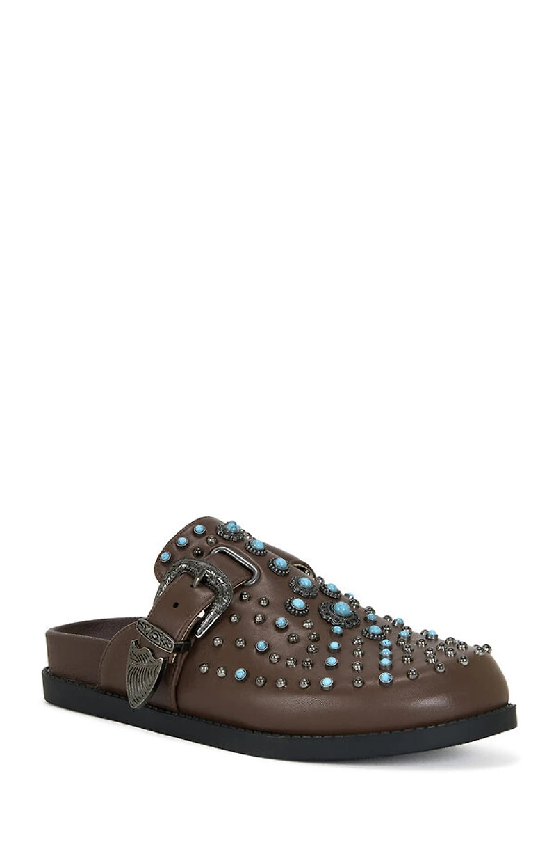 AZALEA WANG Women's Brown Flair Faux Leather Turquoise Mules