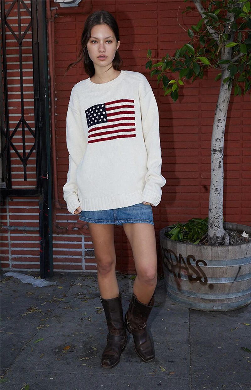 John Galt Cream Flag Crew Neck Sweater