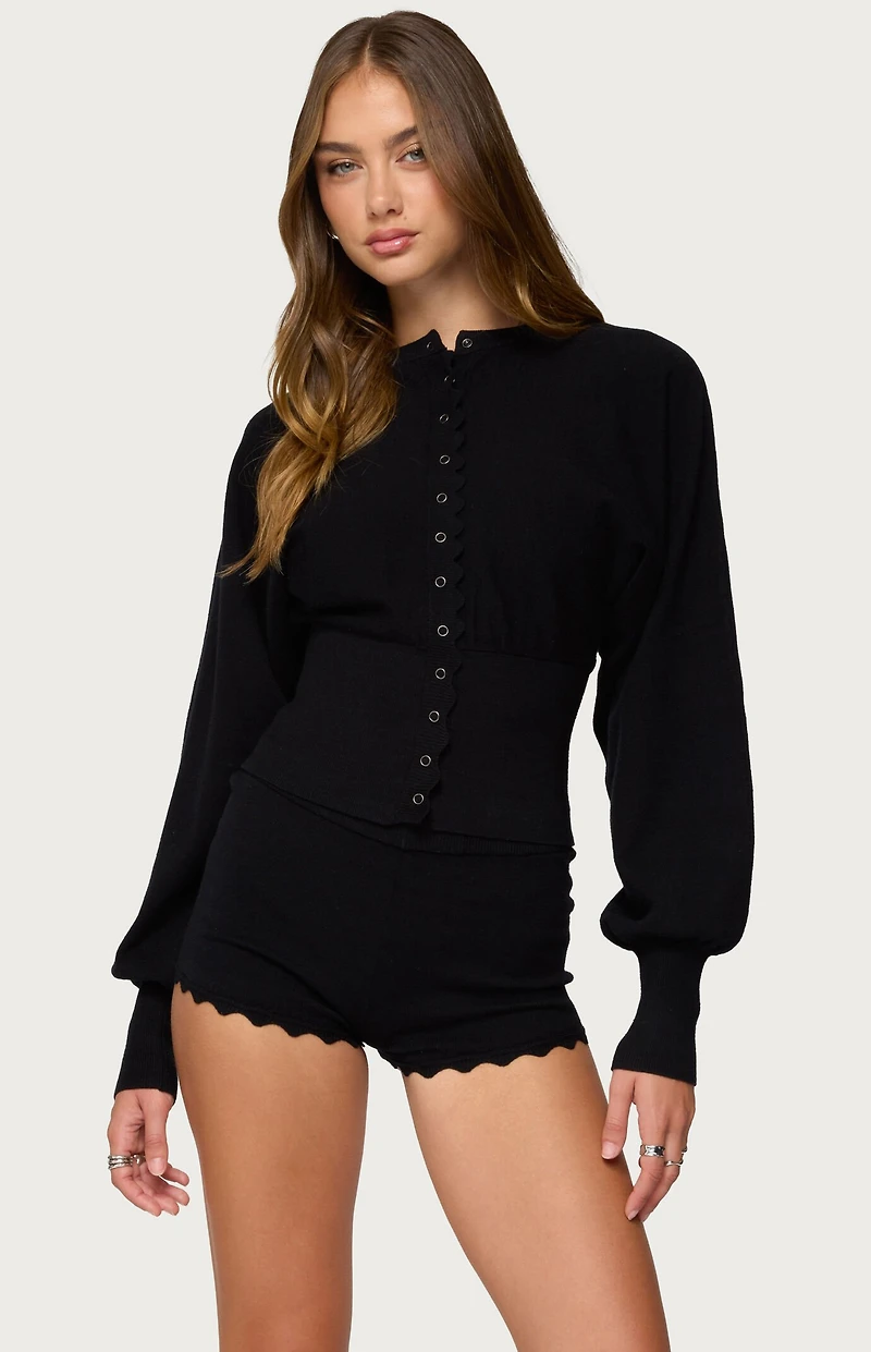 Edikted Maizy Puff Sleeve Scalloped Knit Cardigan