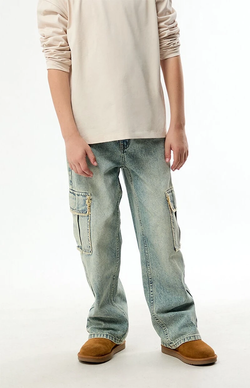Pacsun Kids Baggy Jeans Frayed Cargo Medium Blue