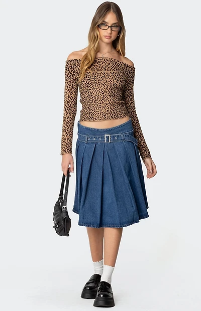 Edikted Belted Pleated Denim Midi Skirt