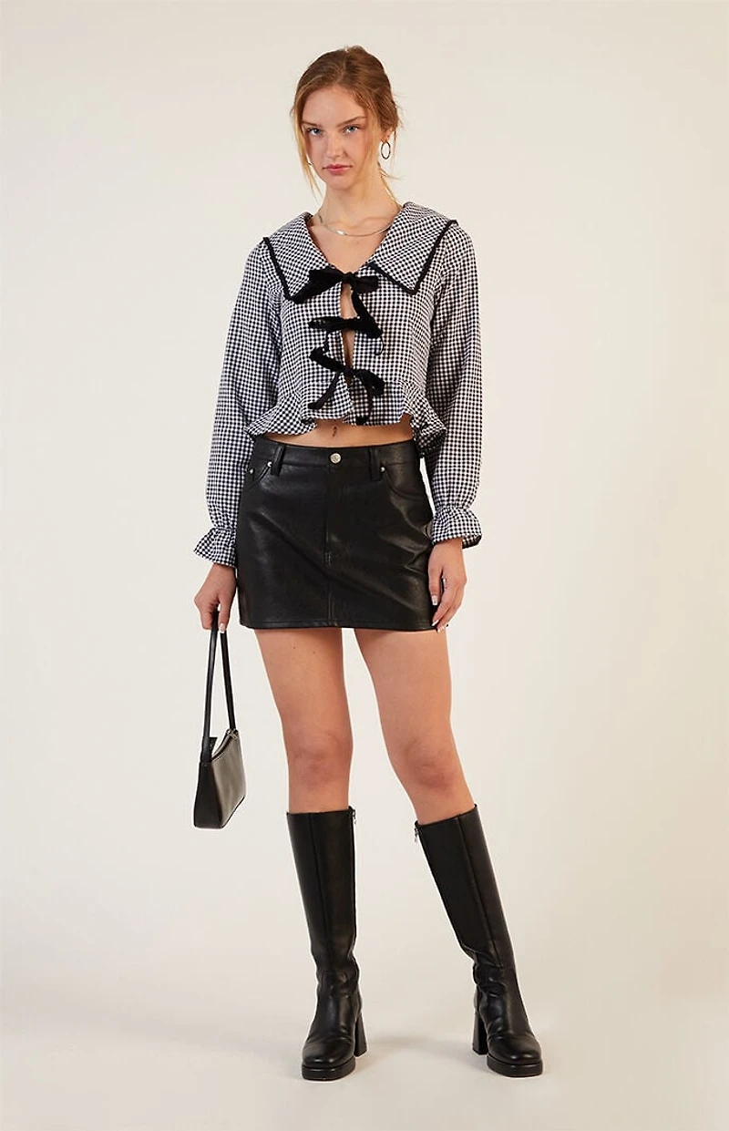 LA Hearts Gingham Collared Tie Long Sleeve Top