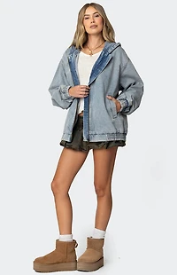 Edikted Hooded Vintage Washed Denim Bomber Jacket