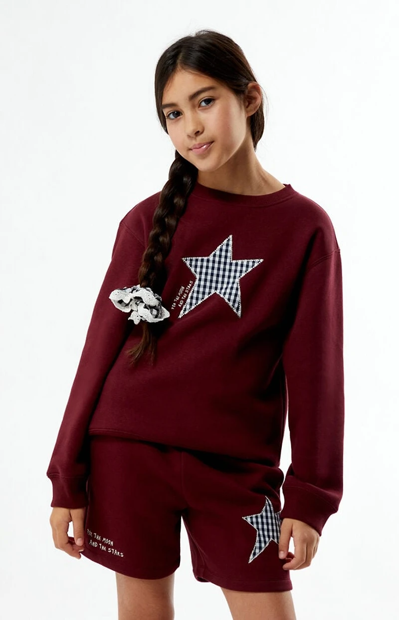 Pacsun Kids Maroon Plaid Star Embroidered Sweat Shorts