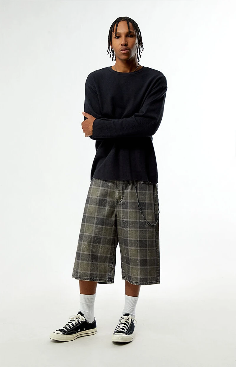 Pacsun Blaine Ultra Baggy Denim Shorts Chain Plaid Gray