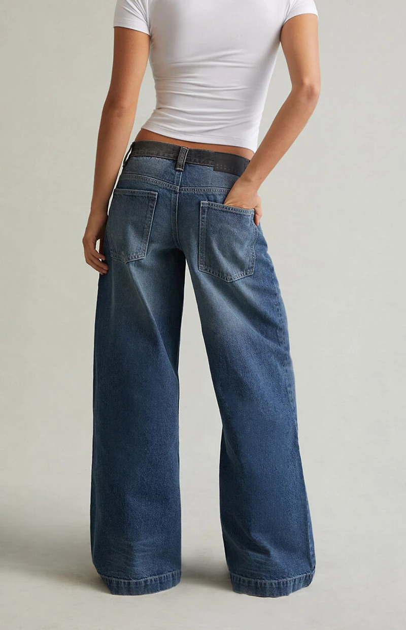 Pacsun Sloane Low Rise Ultra Baggy Jeans Contrast Waistband Medium Blue