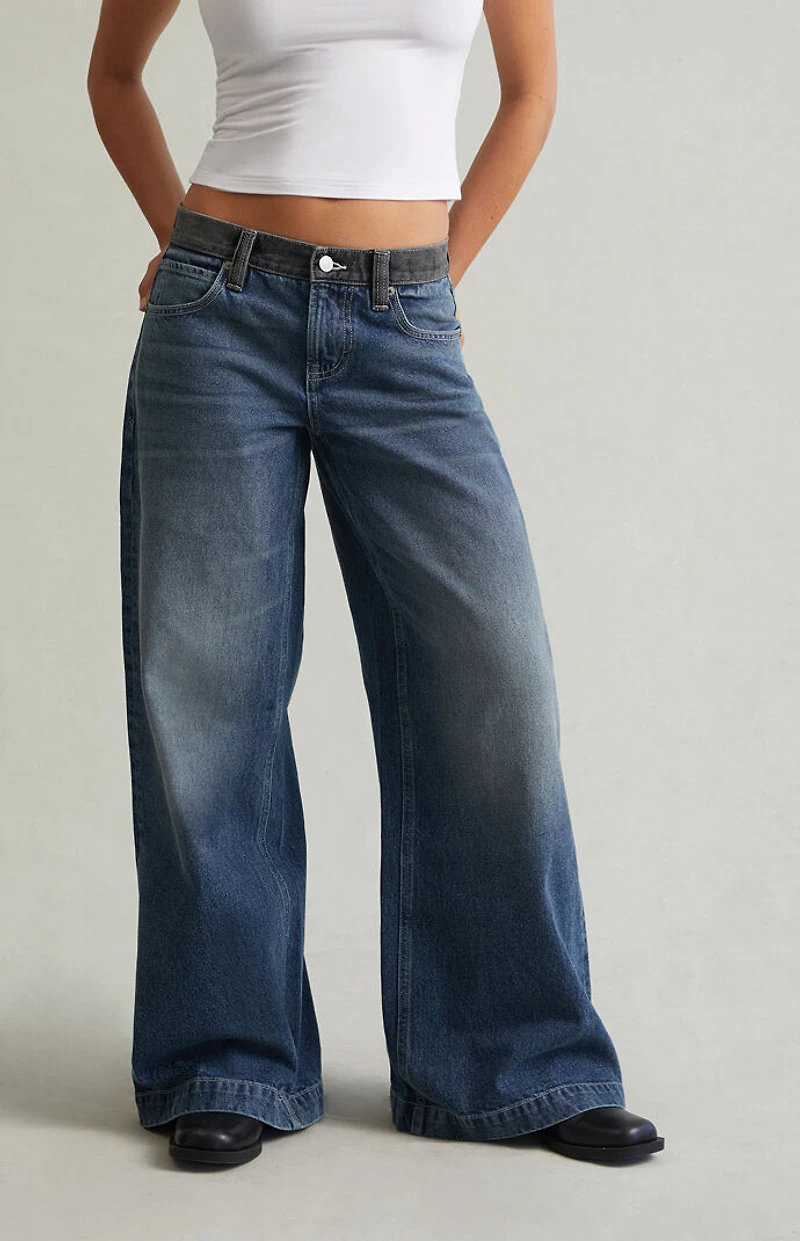 Pacsun Sloane Low Rise Ultra Baggy Jeans Contrast Waistband Medium Blue