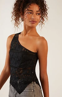 LA Hearts Patchwork Lace One Shoulder Asymmetrical Top