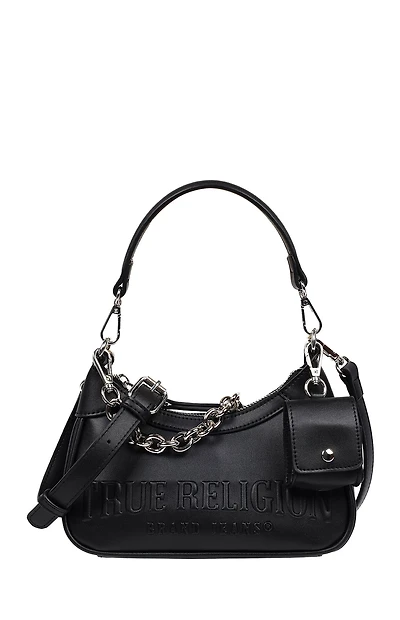 True Religion Black Trapunto Logo Zip Top Hobo Bag