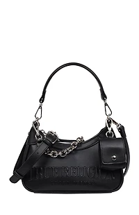 True Religion Black Trapunto Logo Zip Top Hobo Bag