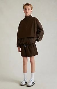 Kids Fear of God ESSENTIALS Heather Wood Nylon Fleece Mock Neck Sweatshirt