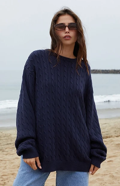 John Galt Blue Briana Cable Knit Oversized Sweater