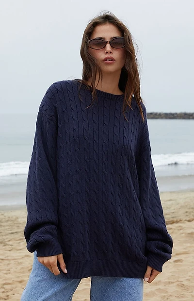 John Galt Blue Briana Cable Knit Oversized Sweater