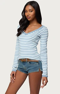 Edikted Kimi Striped Long Sleeve V Neck Top