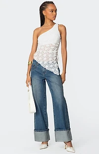 Edikted Lacey Sheer Asymmetric Drawstring Top