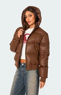 Edikted Wintry Faux Leather Hooded Puffer Jacket