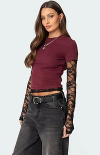 Edikted Layered Lace Sleeve T-Shirt