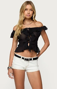 Edikted Sheer Chiffon Ruffled Off Shoulder Top