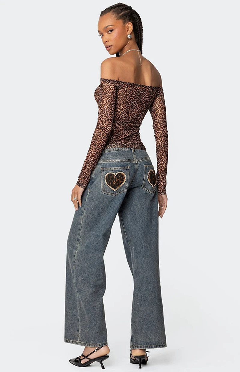 Edikted Leopard Sheer Mesh Off Shoulder Top