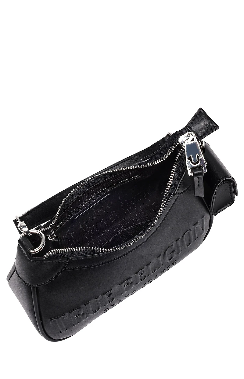 True Religion Black Trapunto Logo Zip Top Hobo Bag