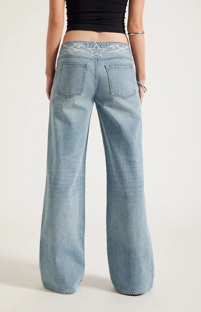 Pacsun Casey Low Rise Baggy Jeans Star Embroidered Light Blue