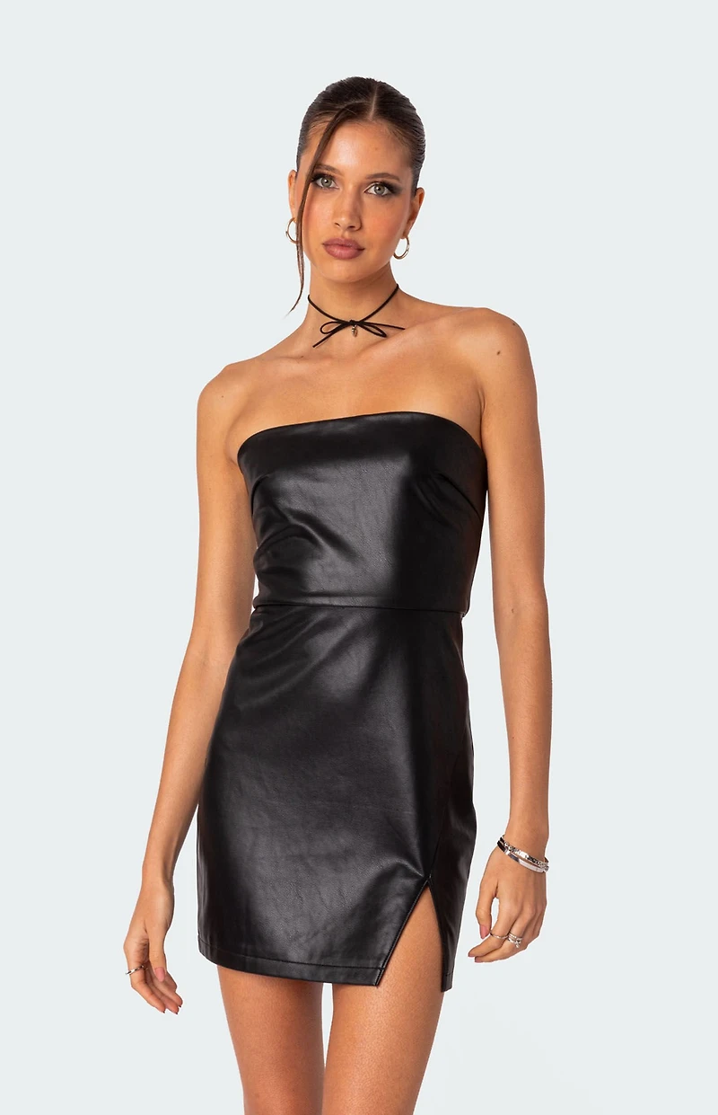 Edikted Moon Sign Faux Leather Mini Dress