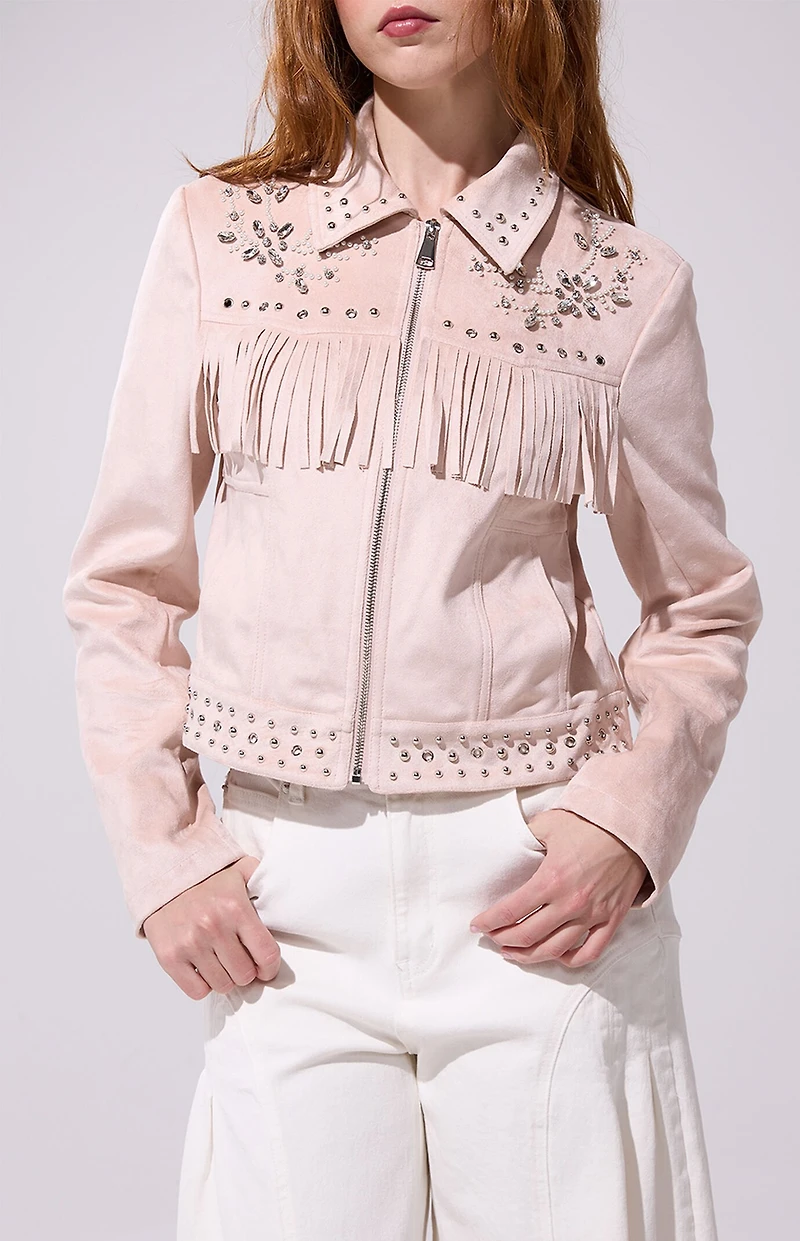 AZALEA WANG Finlee Blush Fringe Faux Suede Jacket