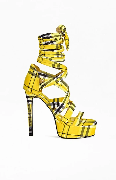 AZALEA WANG Women's Emisha Yellow Plaid Stiletto Platform Sandals