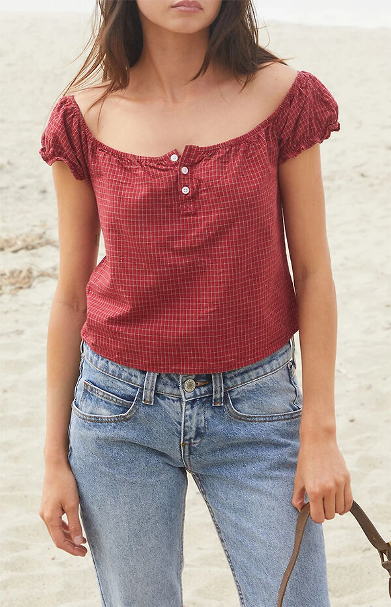 John Galt Red Plaid Clarisse Off-The-Shoulder Top