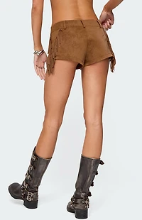 Edikted Sapir Fringe Faux Suede Shorts