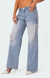 Edikted Low Rise Bow Ribbon Lace Up Jeans